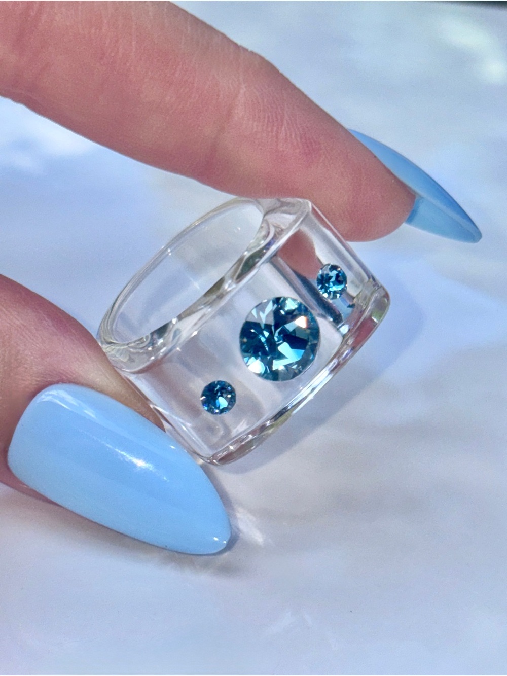 Women’s Blue Swarovski Crystal Lucite Cube Shape Ring, Chunky Statement Rings